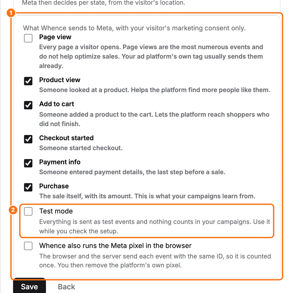 The pixel settings: (1) the list of steps with their checkboxes, (2) the Test mode checkbox