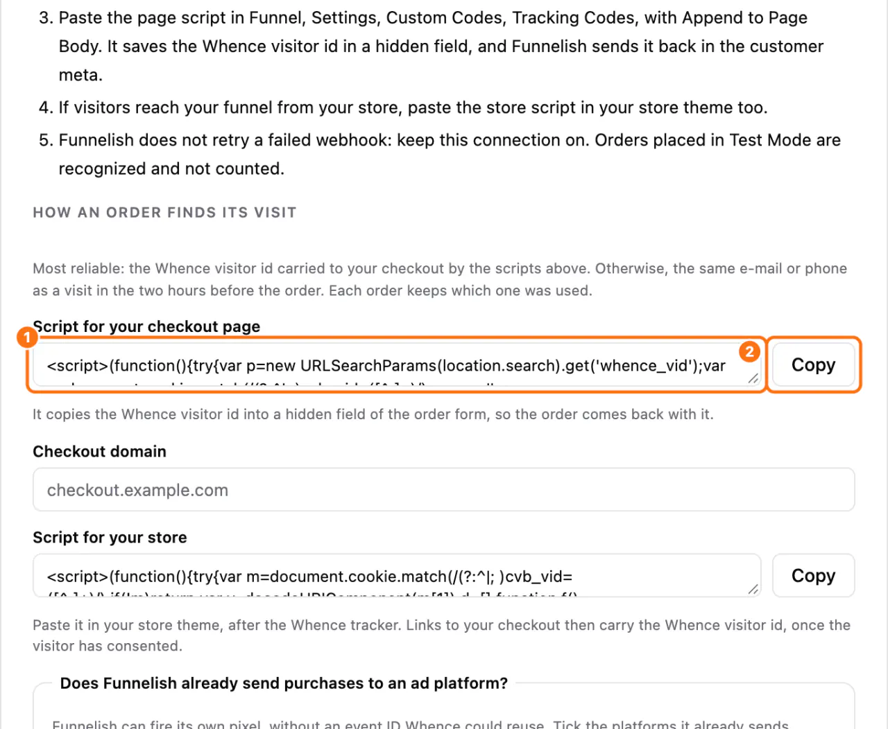 The Funnelish window: (1) Script for your checkout page, (2) Copy