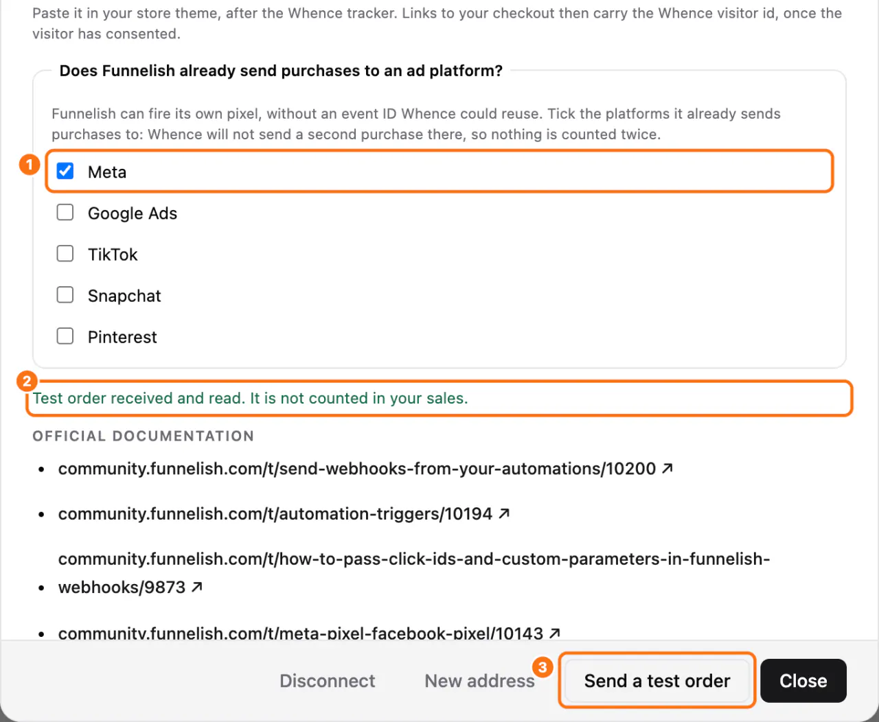 The Funnelish window: (1) Meta ticked under Does Funnelish already send purchases to an ad platform?, (2) the answer to the test, (3) Send a test order