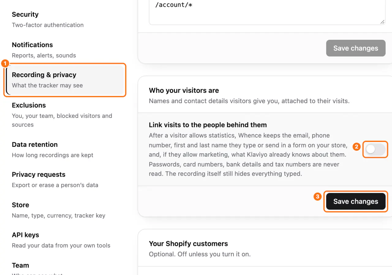 Settings, Recording: (1) the section, (2) the Link visits to the people behind them switch, (3) Save changes