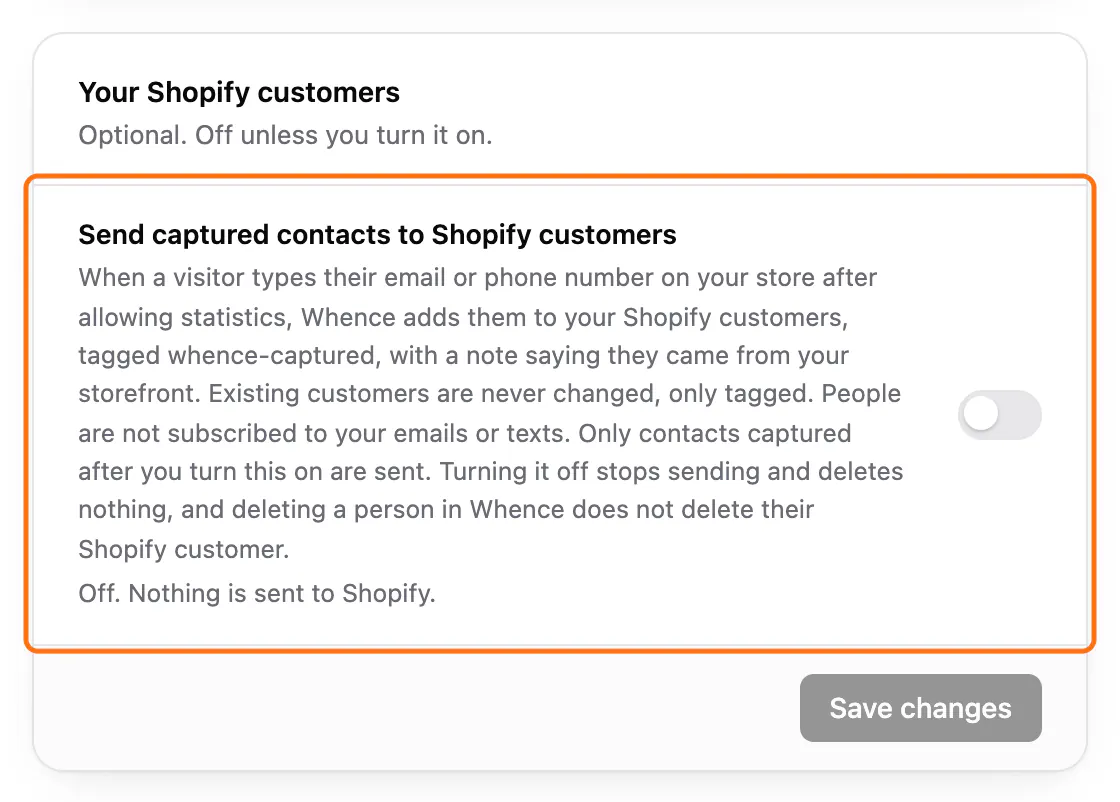 The Send captured contacts to Shopify customers switch
