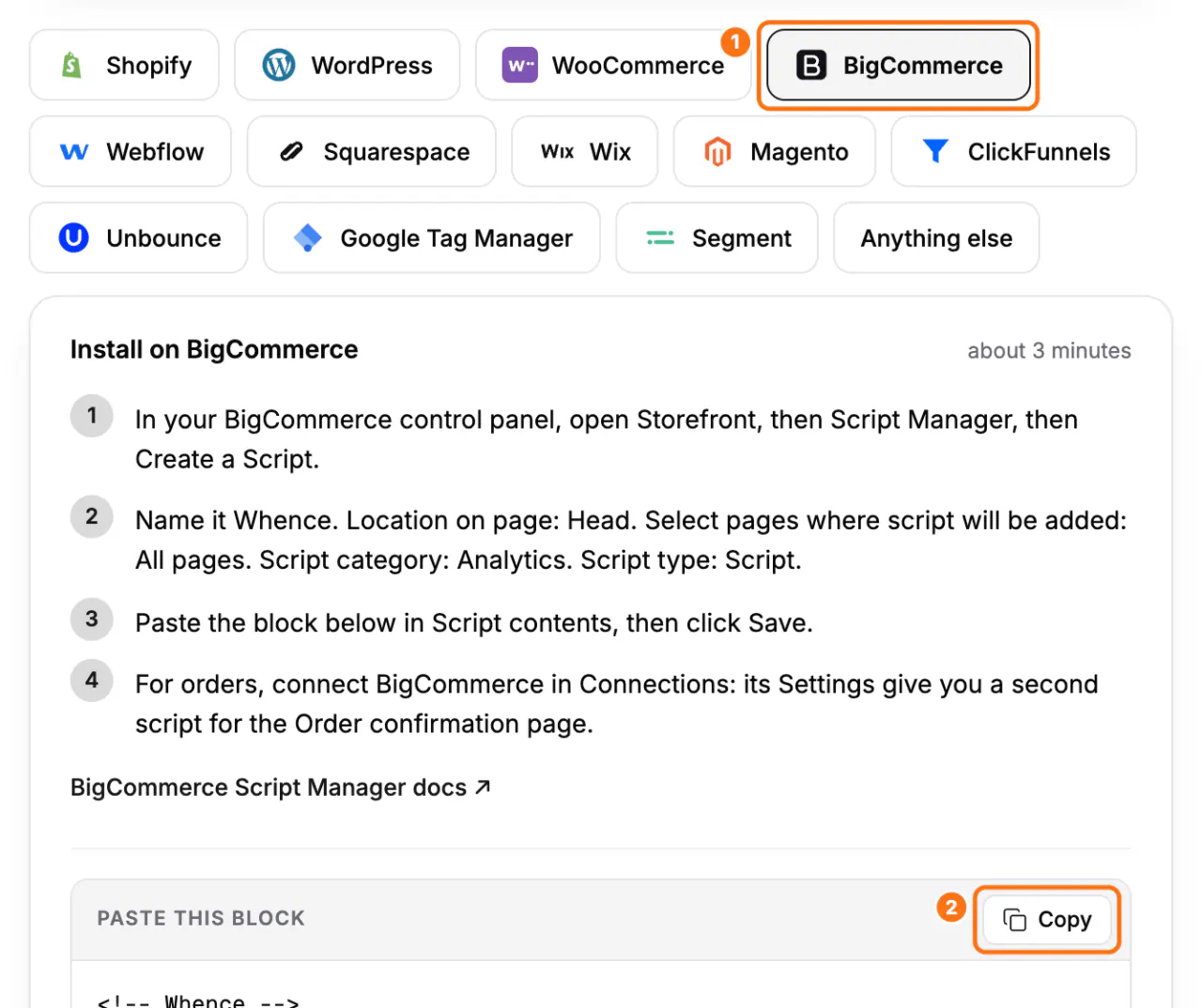 The BigCommerce tab of the Install screen: (1) the BigCommerce tab, (2) the Copy button of Paste this block