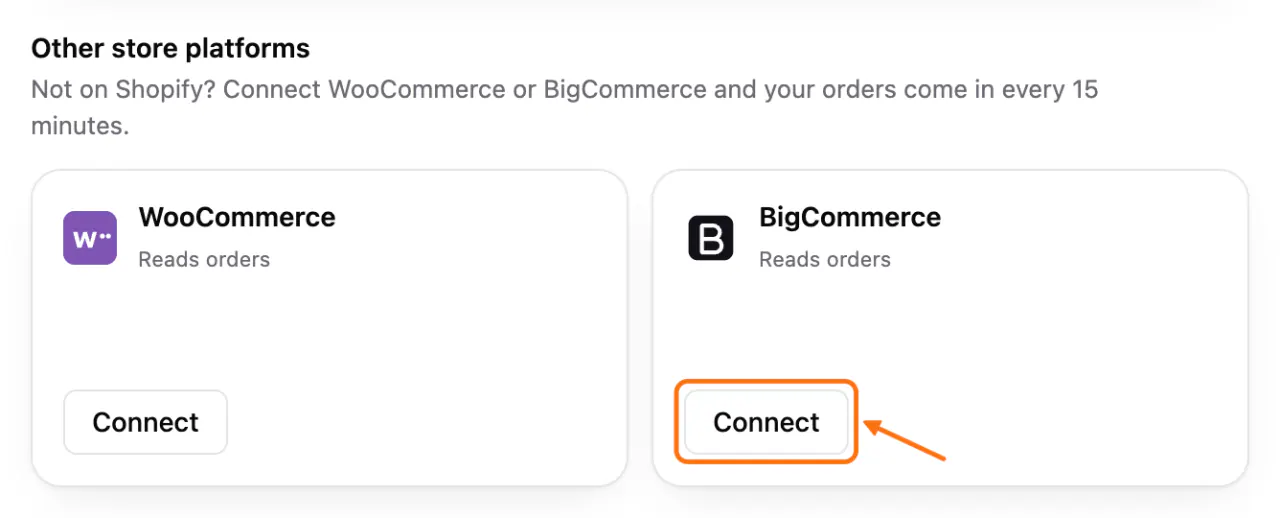 Other store platforms in Connections: (1) the Connect button of the BigCommerce card