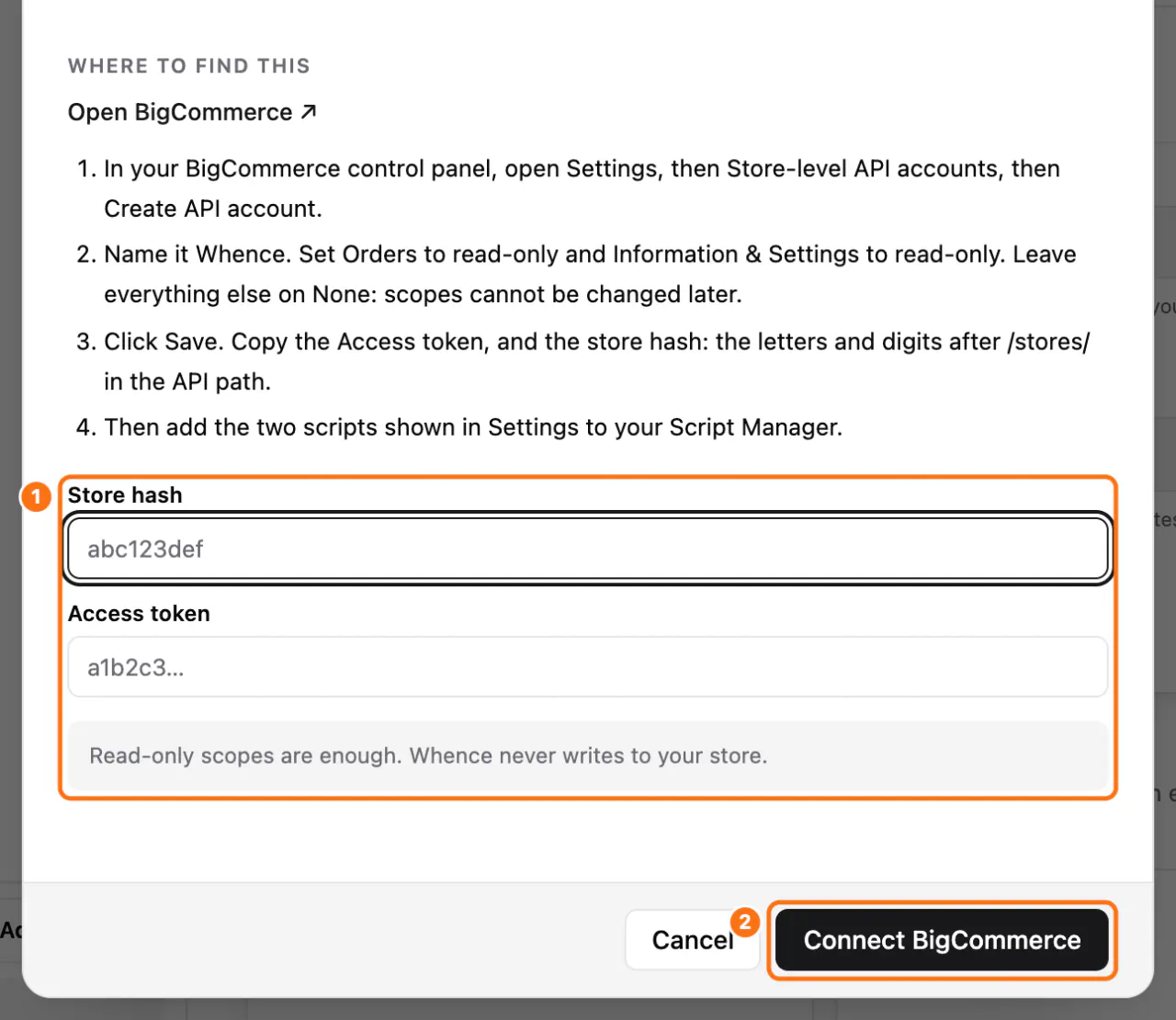 The Connect BigCommerce window: (1) the Store hash and Access token fields, (2) the Connect BigCommerce button
