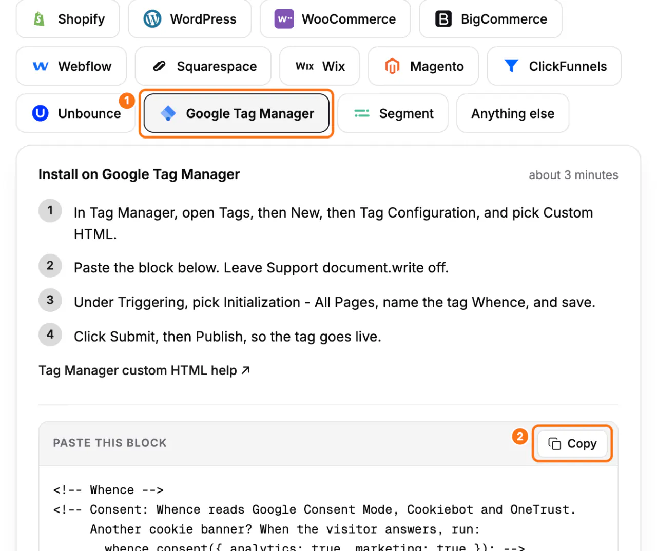 The Google Tag Manager tab of the Install screen: (1) the Google Tag Manager tab with its steps, (2) the Copy button of Paste this block