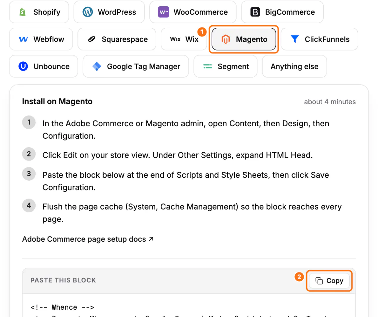 The Magento tab of the Install screen: (1) the Magento tab with its steps, (2) the Copy button of Paste this block