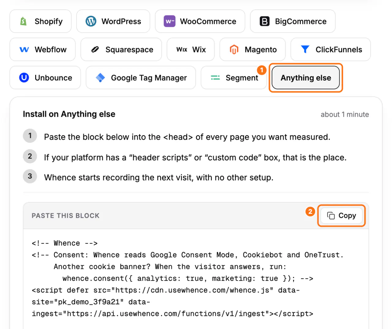 The Anything else tab of the Install screen: (1) the Anything else tab with its steps, (2) the Copy button of Paste this block