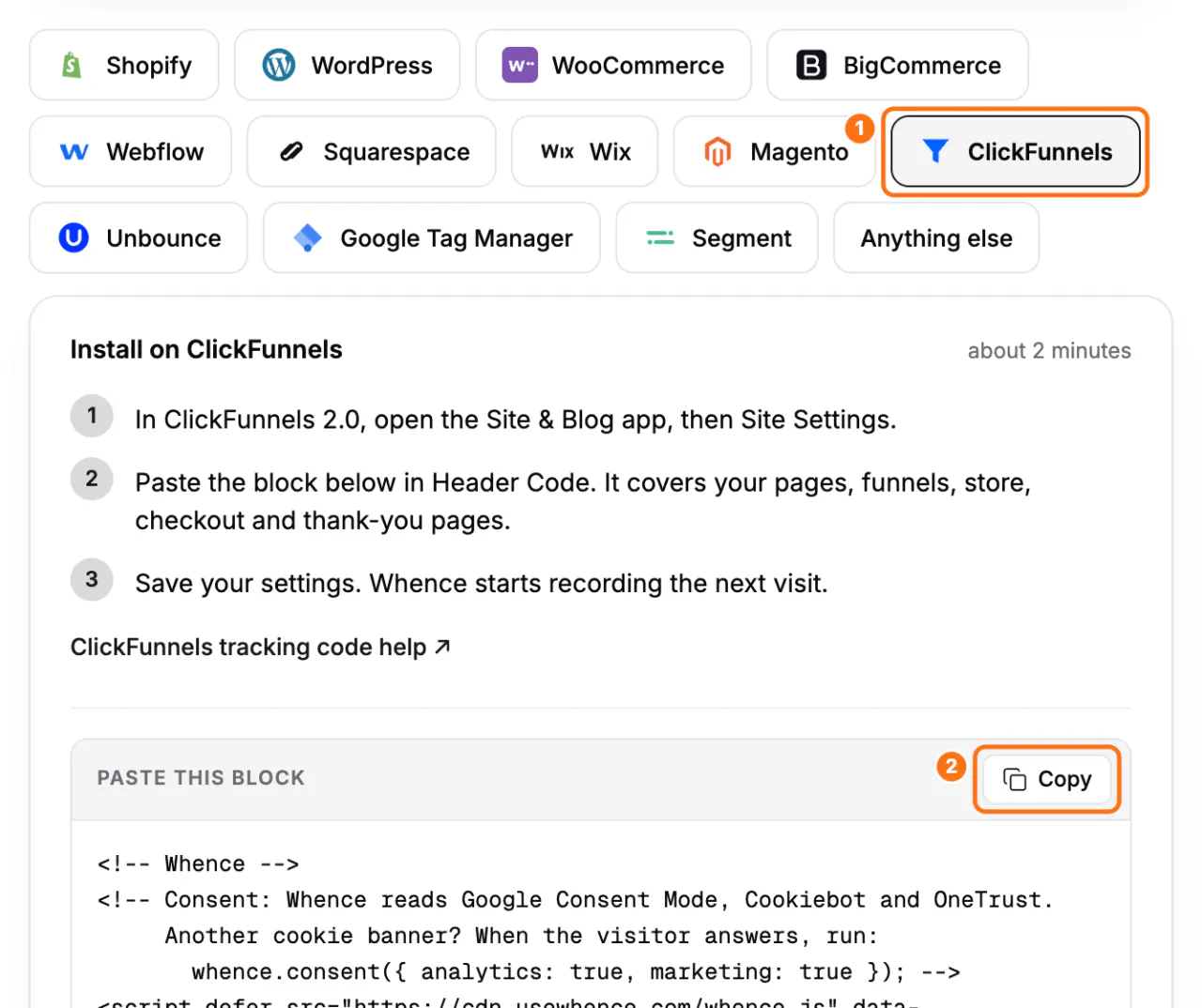 The ClickFunnels tab of the Install screen: (1) the ClickFunnels tab with its steps, (2) the Copy button of Paste this block
