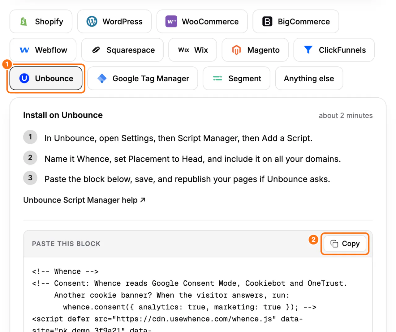 The Unbounce tab of the Install screen: (1) the Unbounce tab with its steps, (2) the Copy button of Paste this block