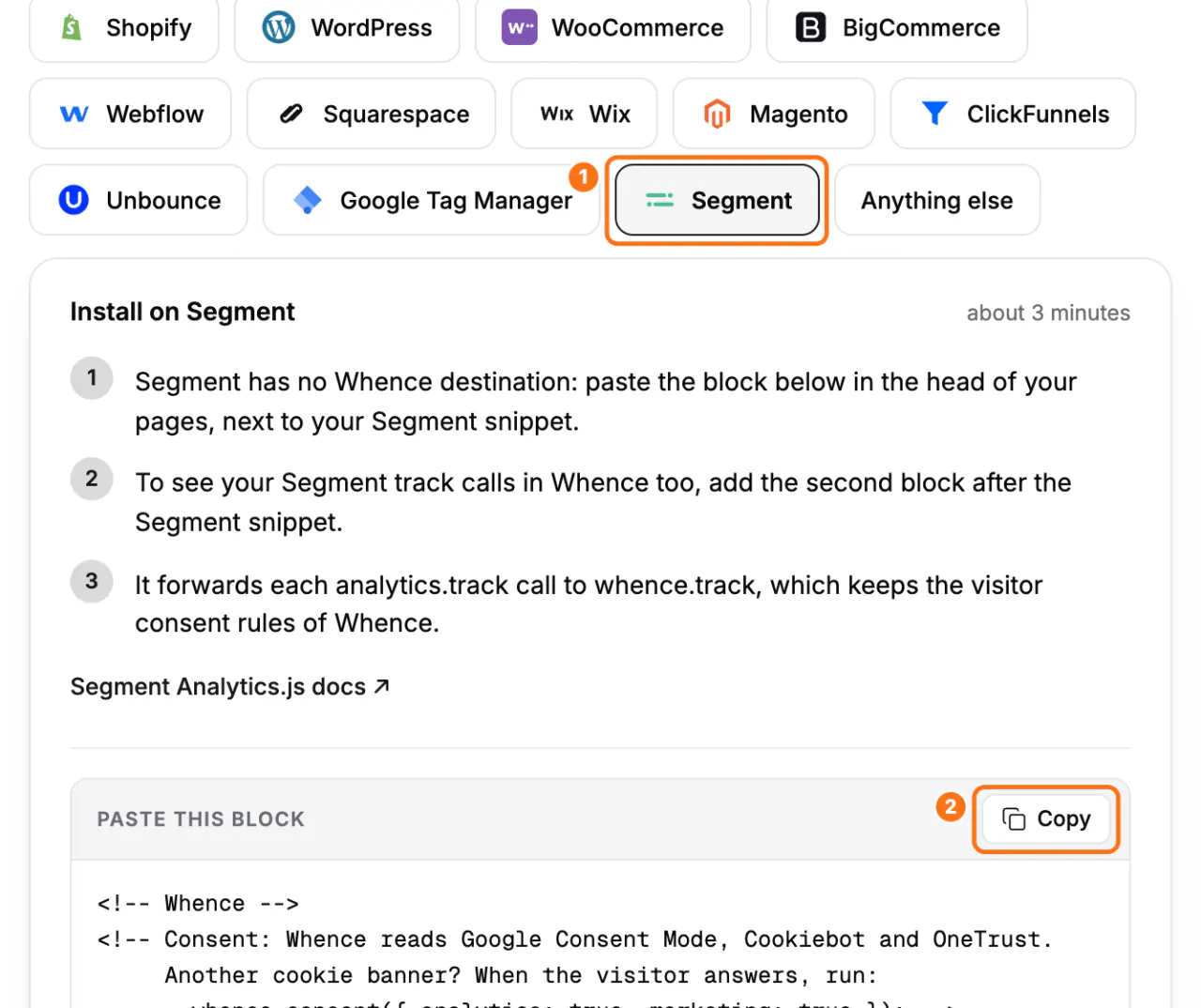 The Segment tab of the Install screen: (1) the Segment tab with its steps, (2) the Copy button of Paste this block