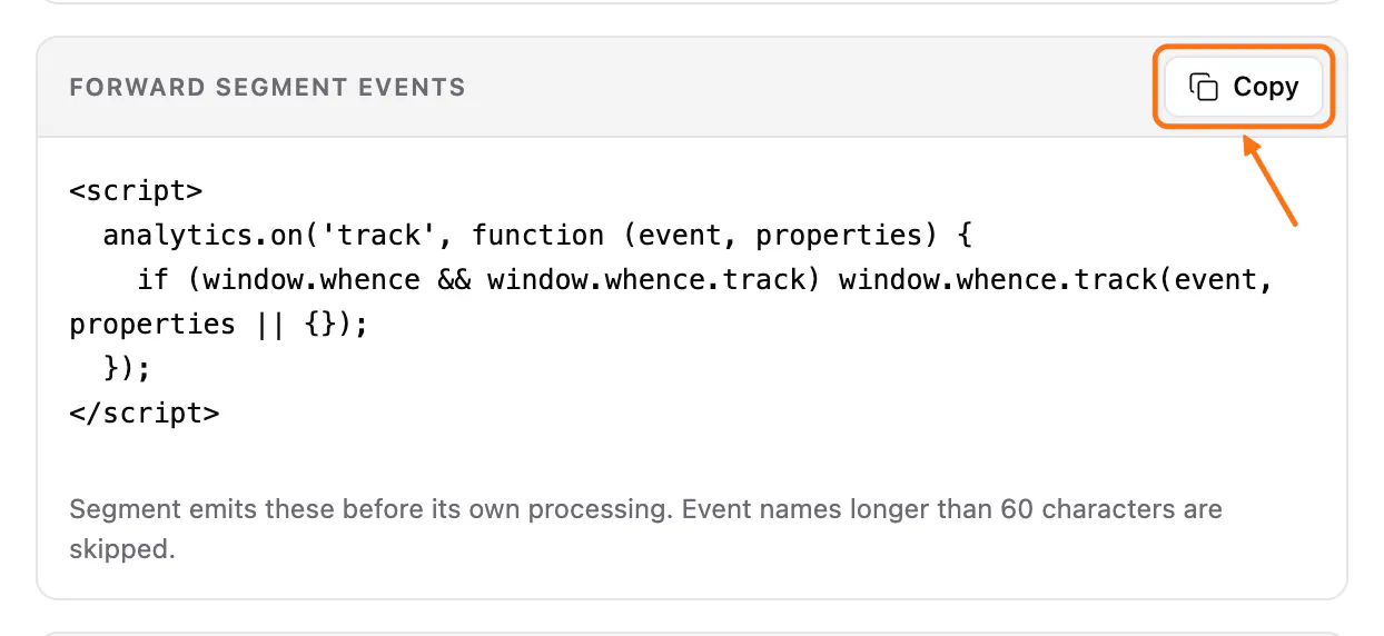 The Forward Segment events block of the Segment tab: (1) its Copy button