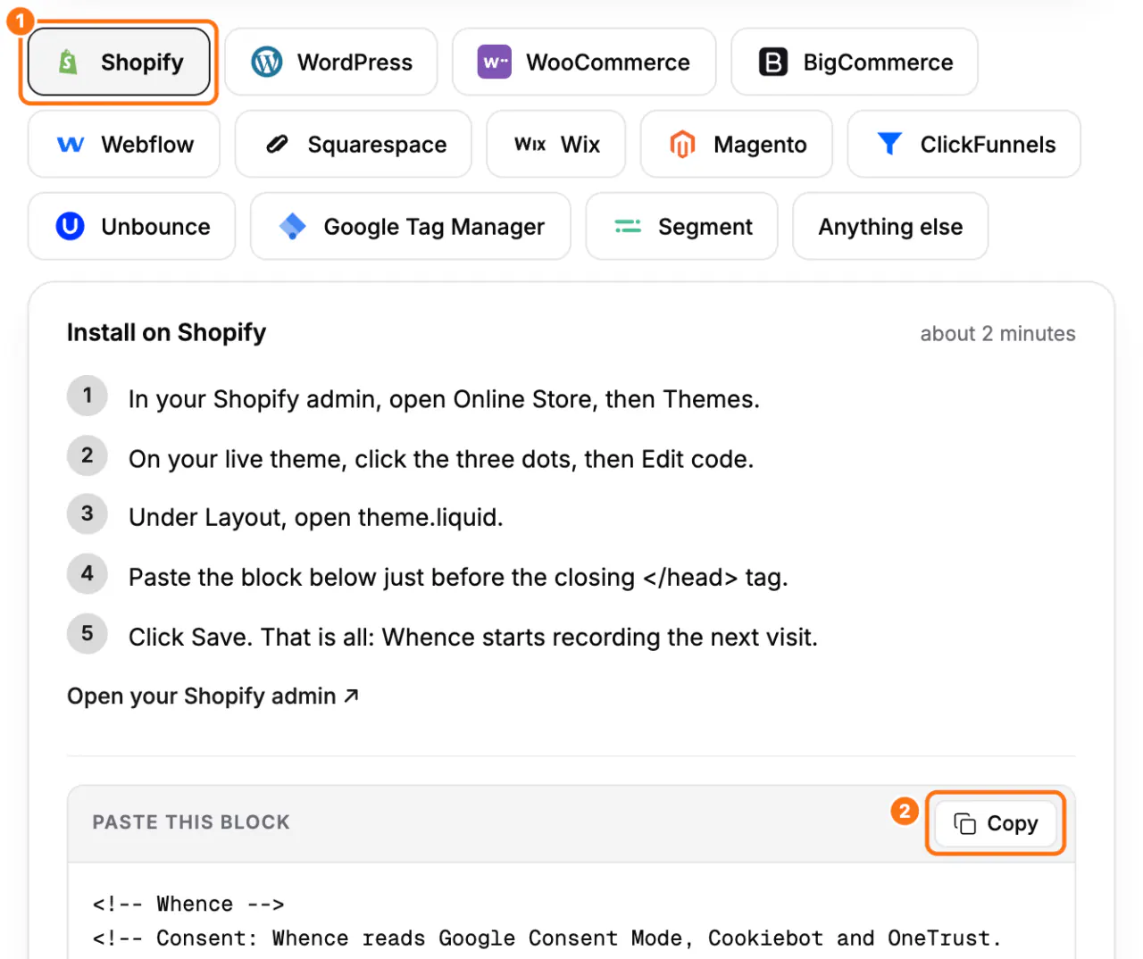 The Install screen of the Whence dashboard: (1) the Shopify tab with its steps, (2) the Copy button of Paste this block