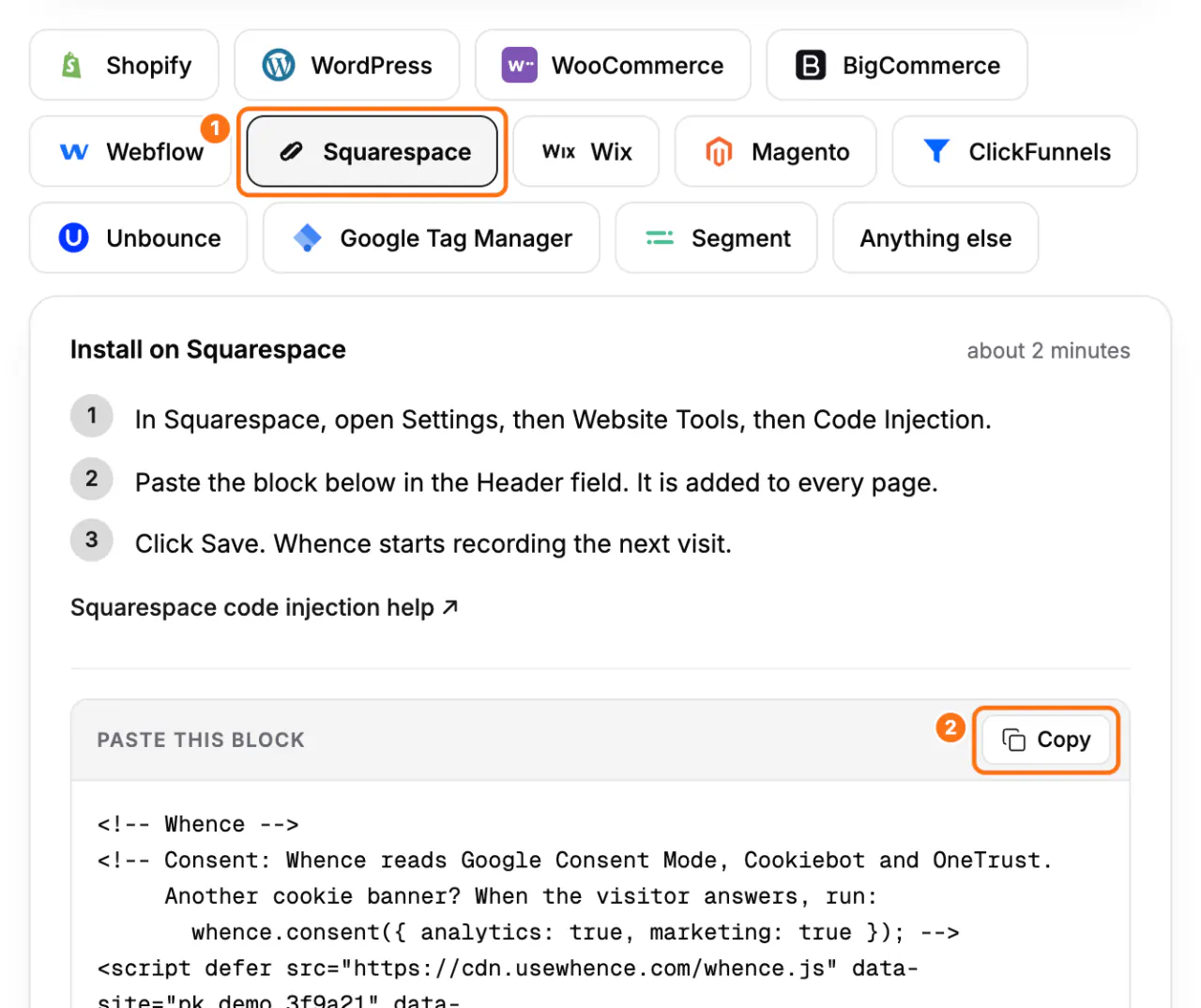 The Squarespace tab of the Install screen: (1) the Squarespace tab with its steps, (2) the Copy button of Paste this block