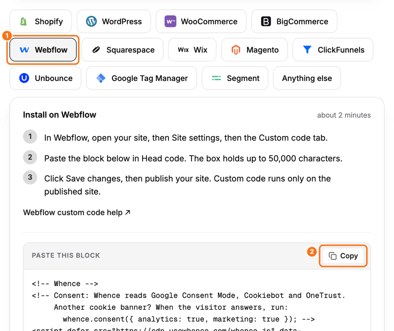 The Webflow tab of the Install screen: (1) the Webflow tab with its steps, (2) the Copy button of Paste this block