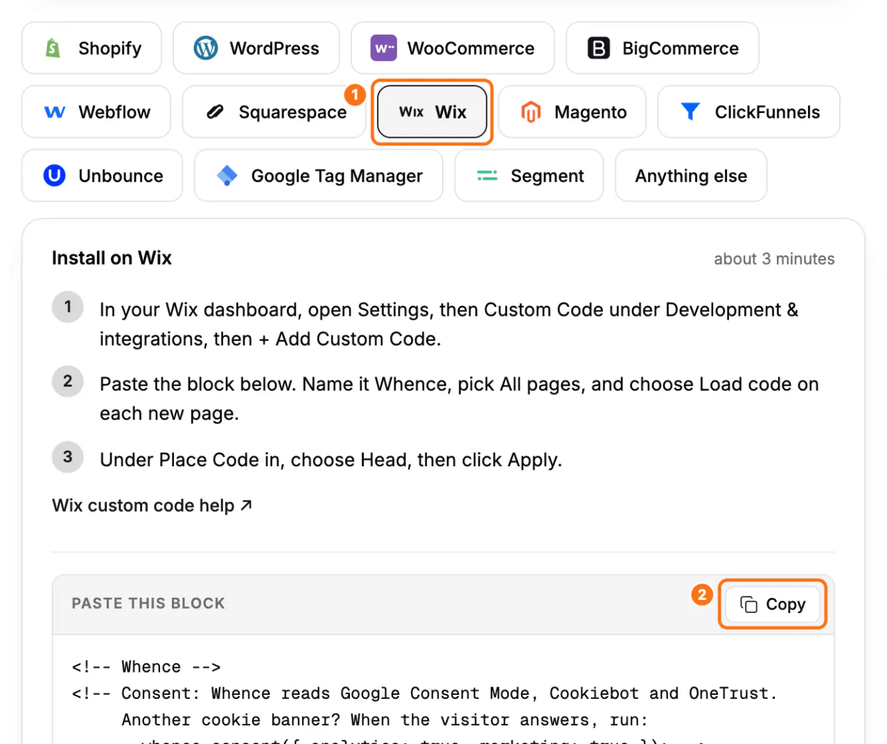 The Wix tab of the Install screen: (1) the Wix tab with its steps, (2) the Copy button of Paste this block