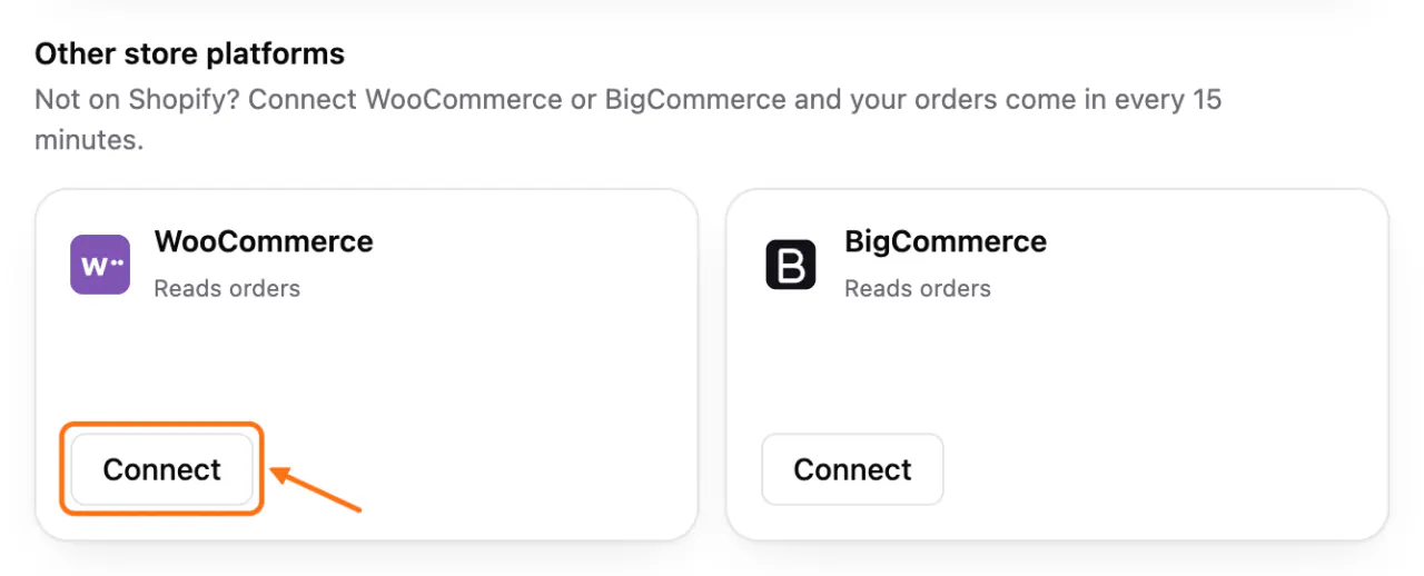 Other store platforms in Connections: (1) the Connect button of the WooCommerce card