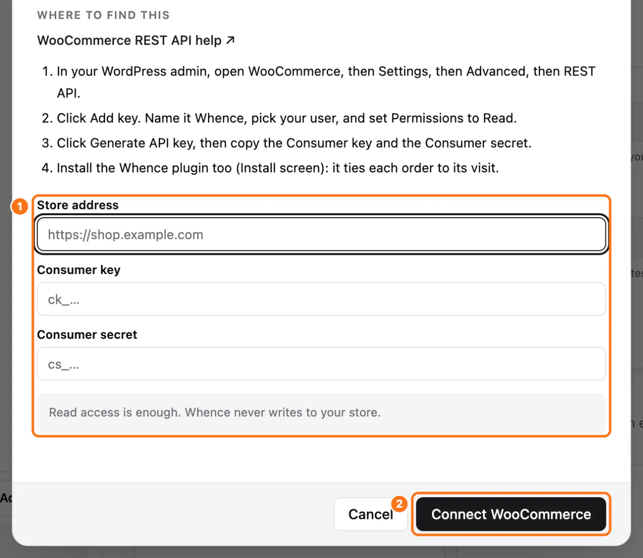 The Connect WooCommerce window: (1) the Store address, Consumer key and Consumer secret fields, (2) the Connect WooCommerce button