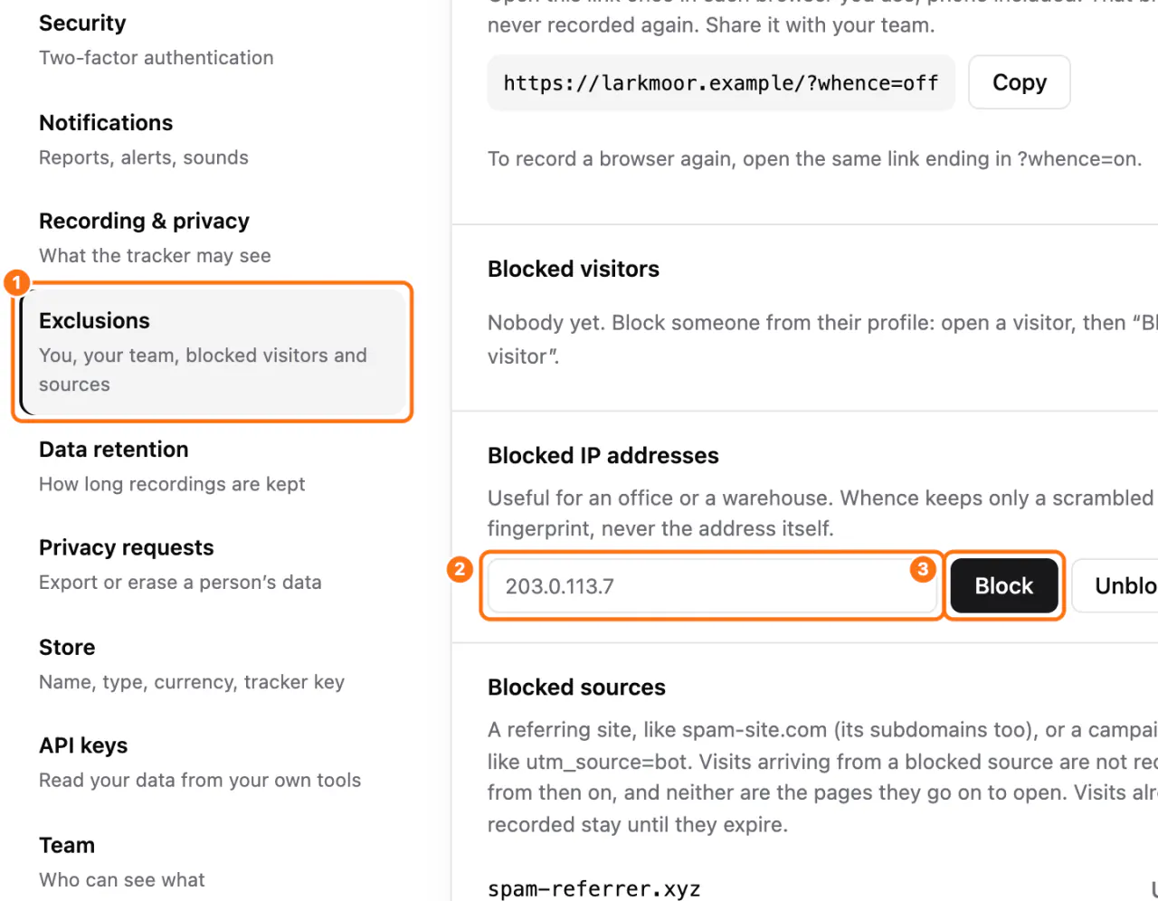 Settings, Exclusions: (1) the section, (2) the IP address field, (3) its add button
