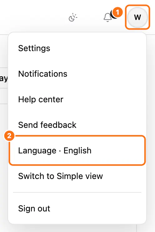 The account menu: (1) your avatar, (2) Language
