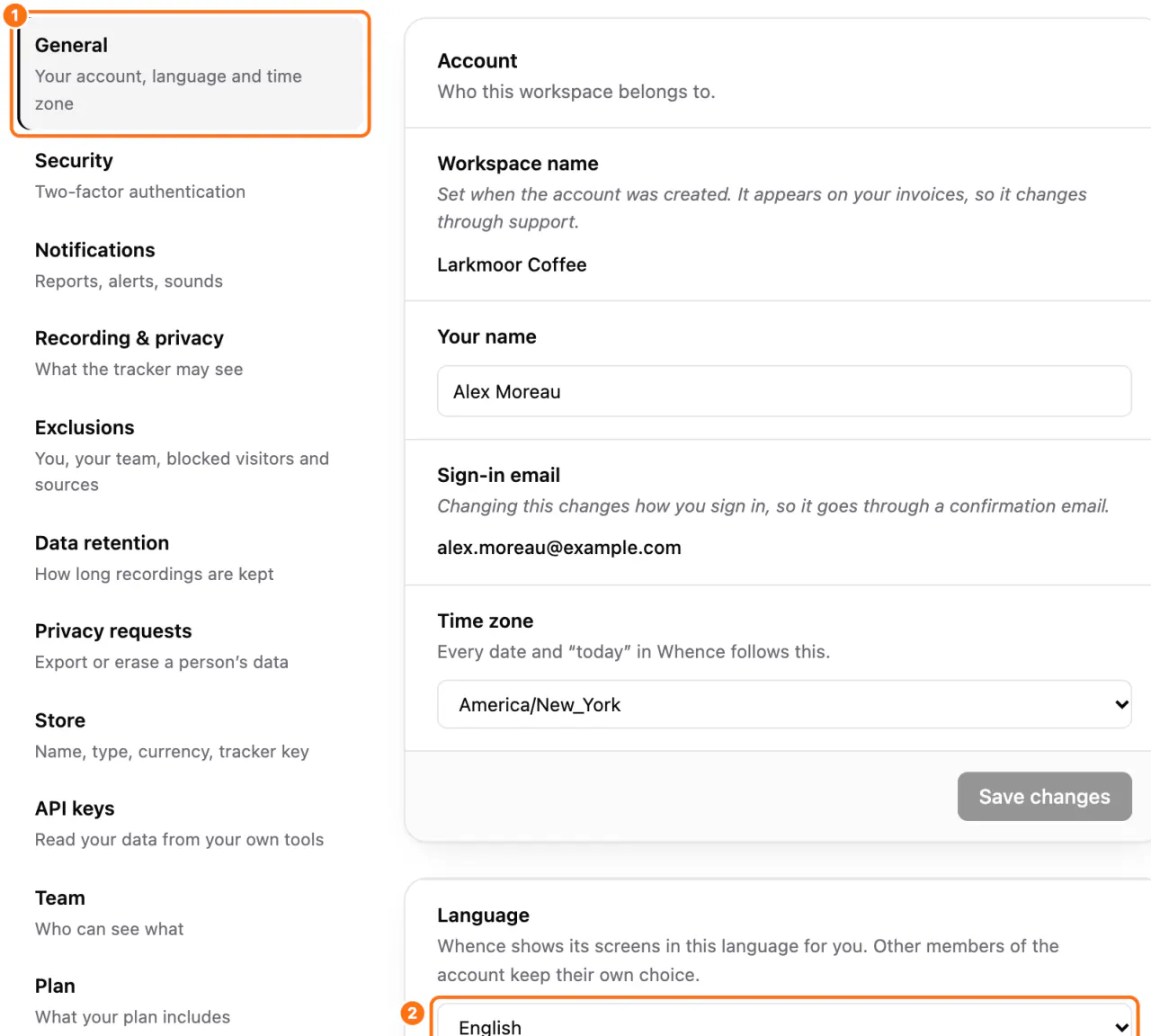 Settings, General: (1) the section, (2) the language list