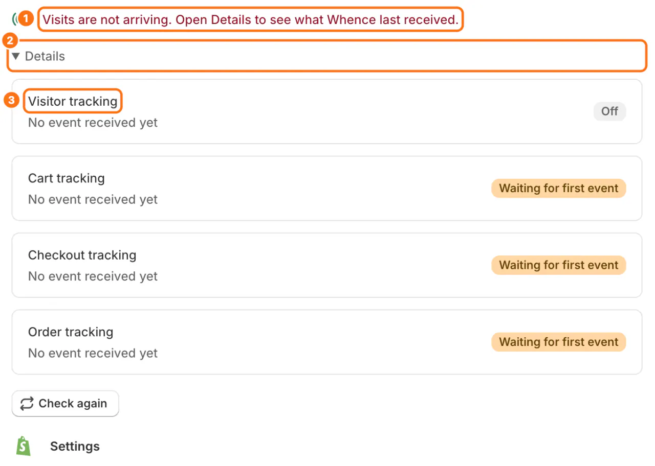 The Whence app in Shopify: (1) the warning, (2) Details, (3) Visitor tracking