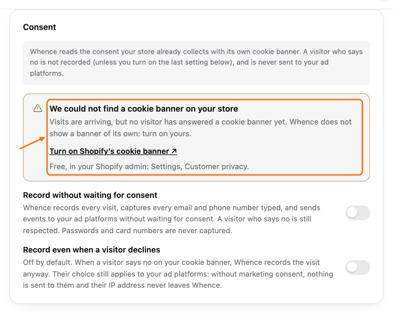 The Consent block on Install: (1) We could not find a cookie banner on your store