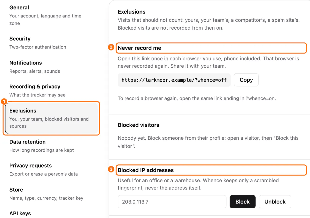 Settings, Exclusions: (1) the section, (2) Never record me, (3) Blocked IP addresses