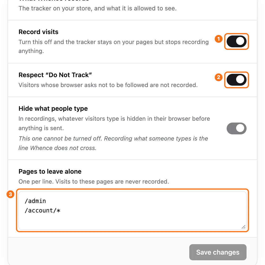 Settings, Recording: (1) Record visits, (2) Respect Do Not Track, (3) Pages to leave alone