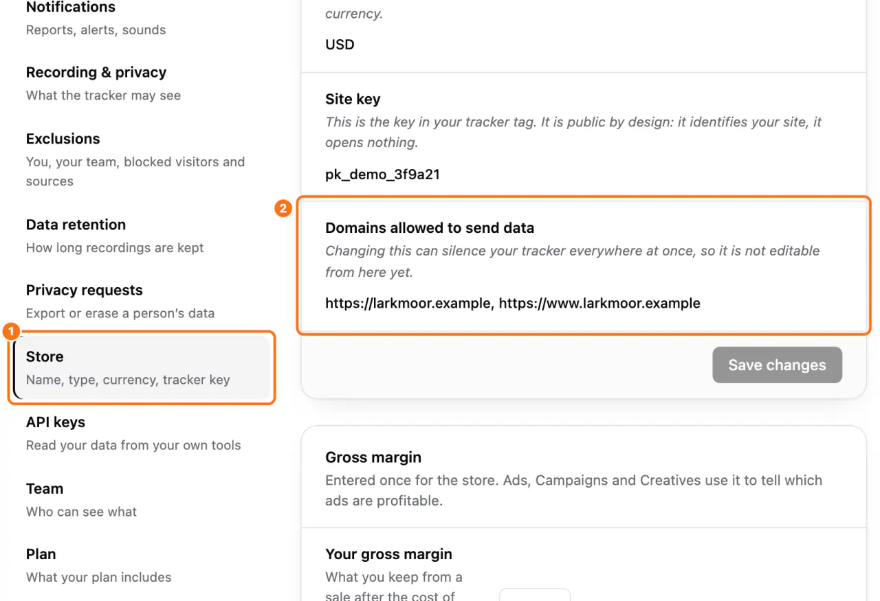 Settings, Store: (1) the section, (2) Domains allowed to send data