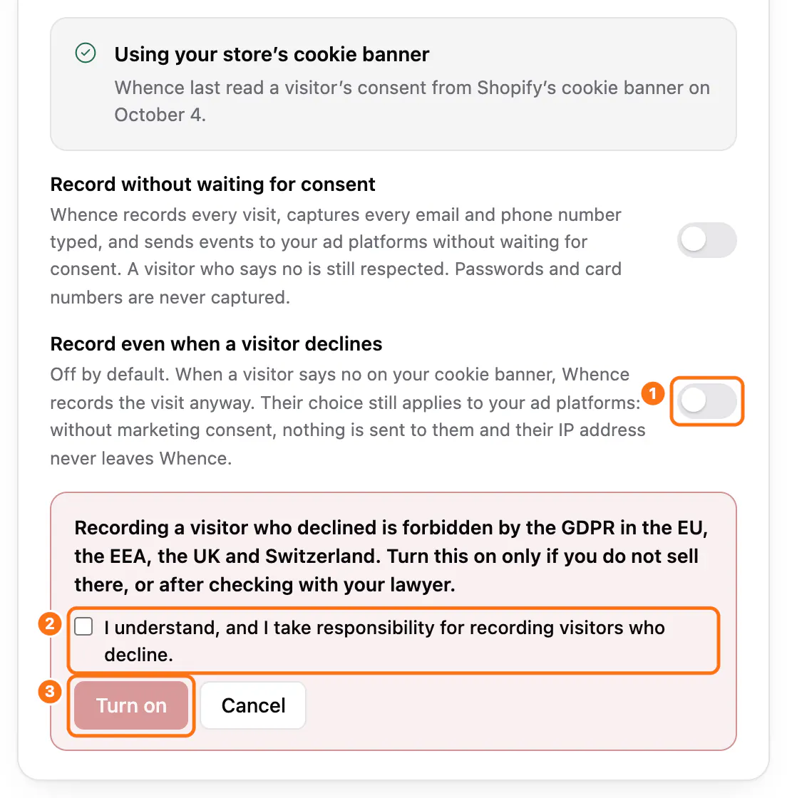 The Consent block after a click on Record even when a visitor declines: (1) the switch, (2) the responsibility box, (3) Turn on, grayed out until the box is checked