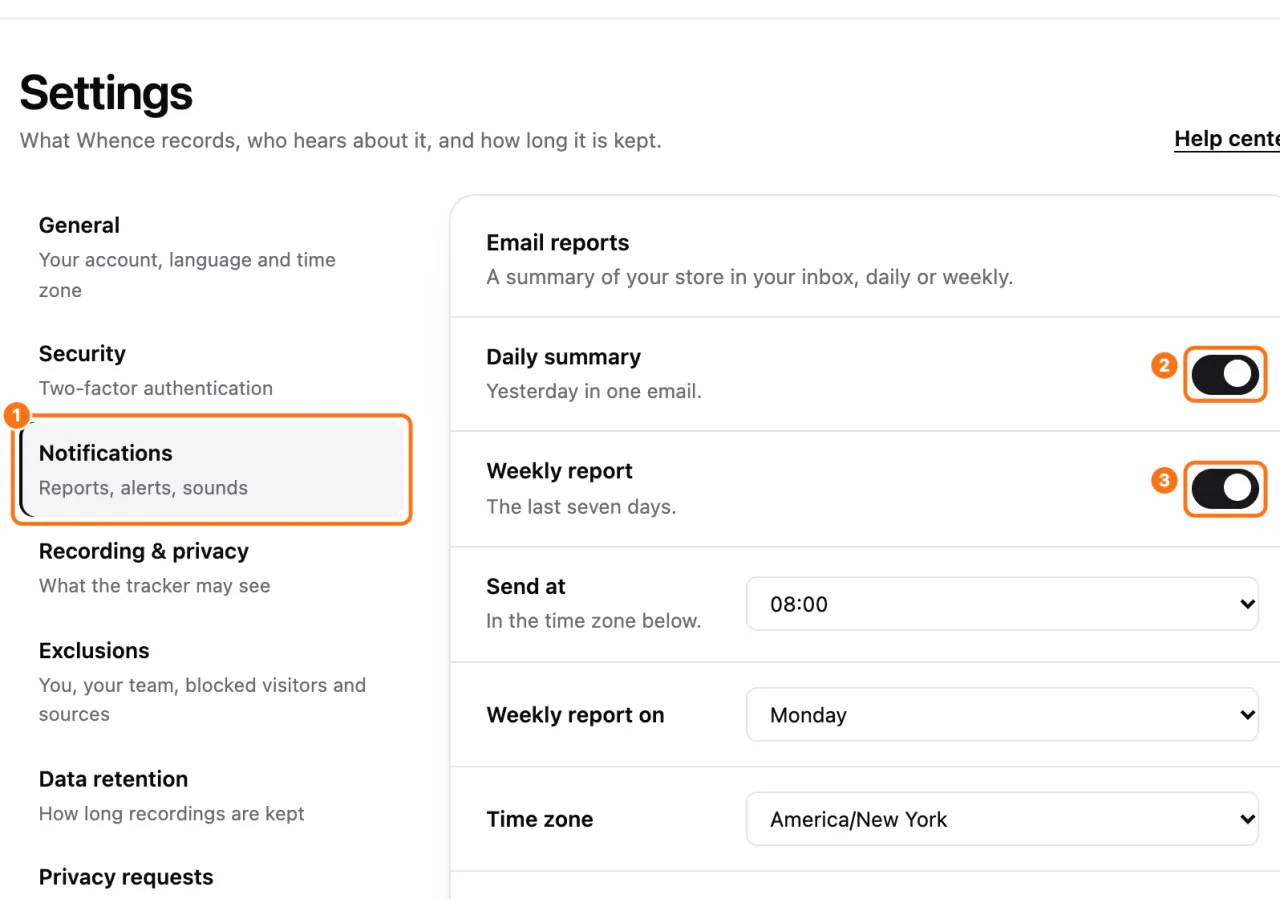 Settings, Notifications: (1) the section, (2) the daily report, (3) the weekly report