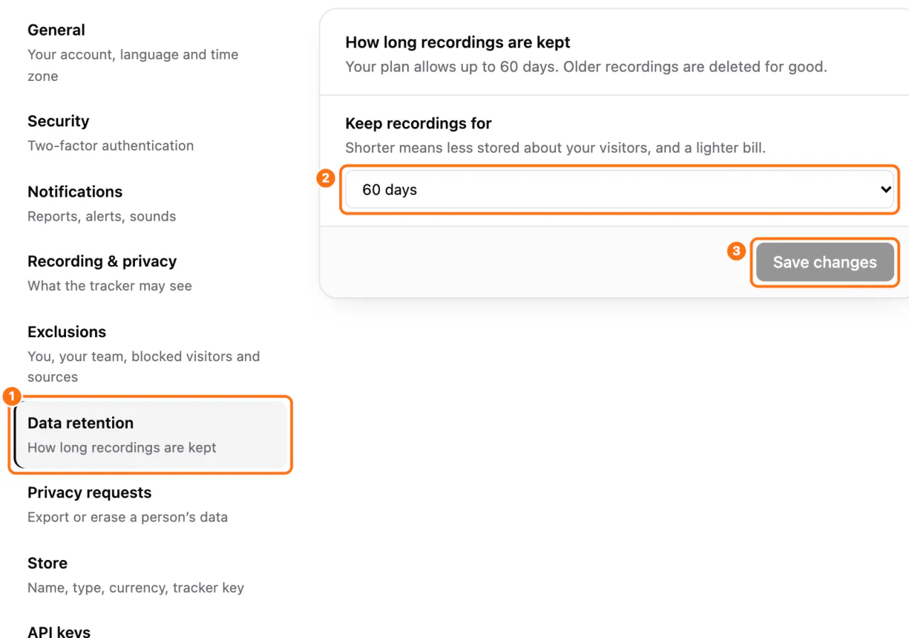 Settings, Data retention: (1) the section, (2) the duration list, (3) Save changes