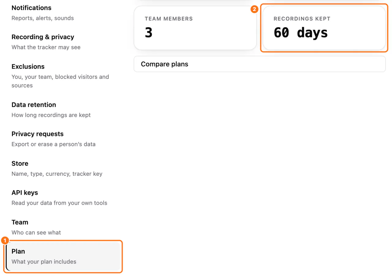 Settings, Plan: (1) the section, (2) the recordings kept by your plan