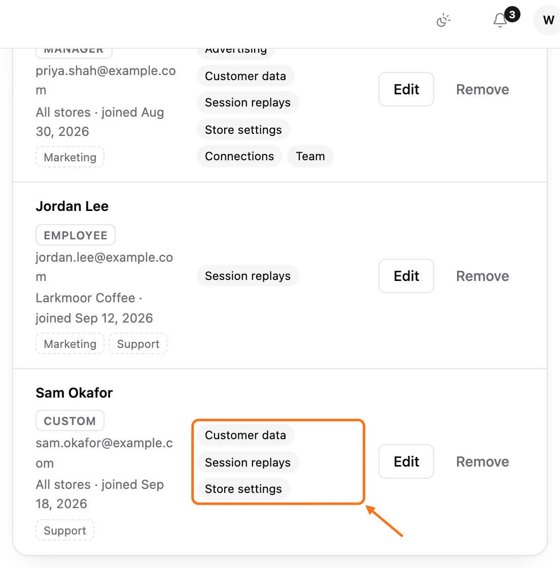 The Members card: (1) the rights of a Custom member, shown as labels on their row