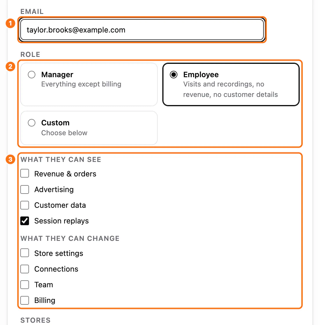 The Invite someone card: (1) the Email field, (2) the three roles, (3) the rights in two groups