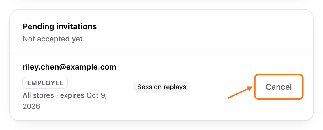 The Pending invitations card: an invited email with its role and expiry date, and (1) the Cancel button