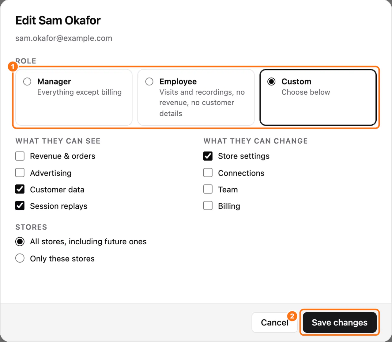 The Edit window of a member: (1) the three roles, with the rights and stores below, (2) the Save changes button