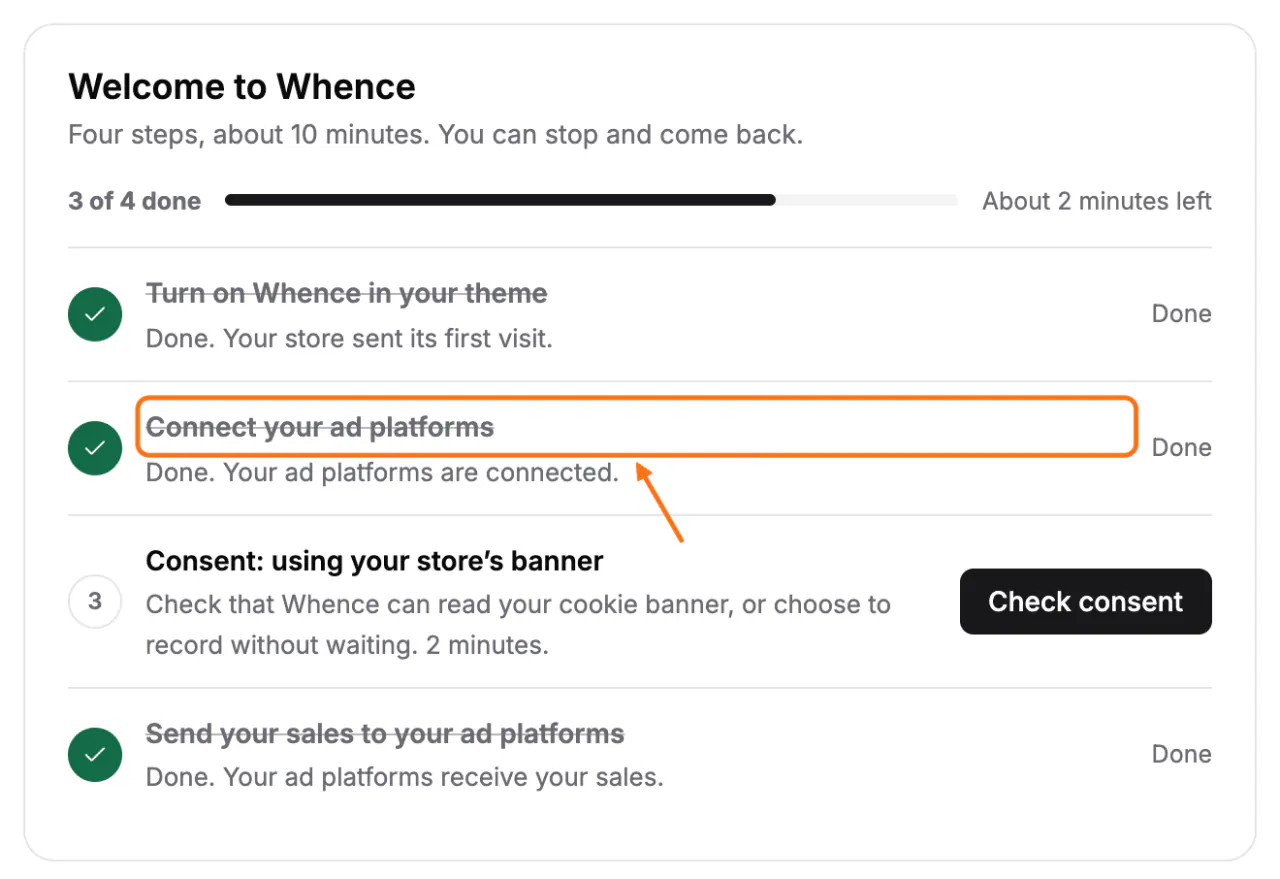 The Welcome to Whence checklist on Home, with the Connect your ad platforms step framed