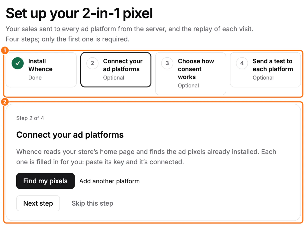 The Set up your 2-in-1 pixel guide: (1) the four steps across the top, each marked Done or Optional, (2) the open step below