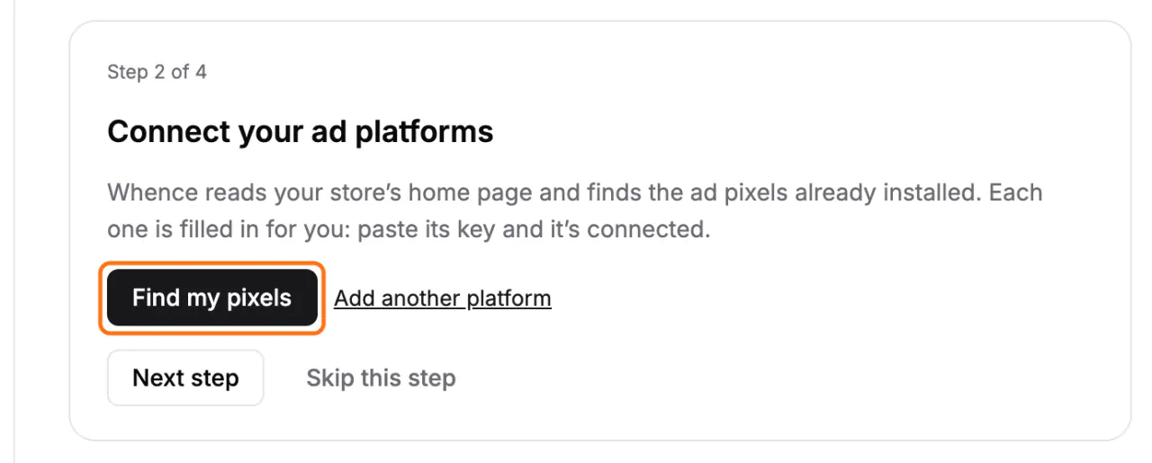 Step 2 of the guide, Connect your ad platforms, with the Find my pixels button framed