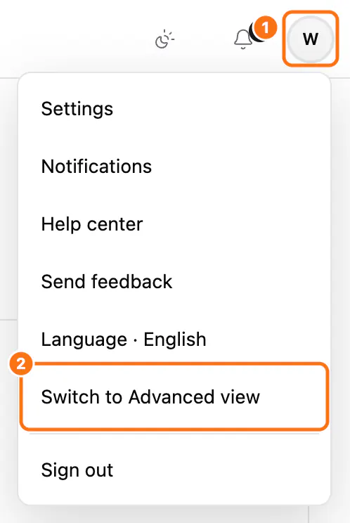 The account menu: (1) your avatar, (2) Switch to Advanced view