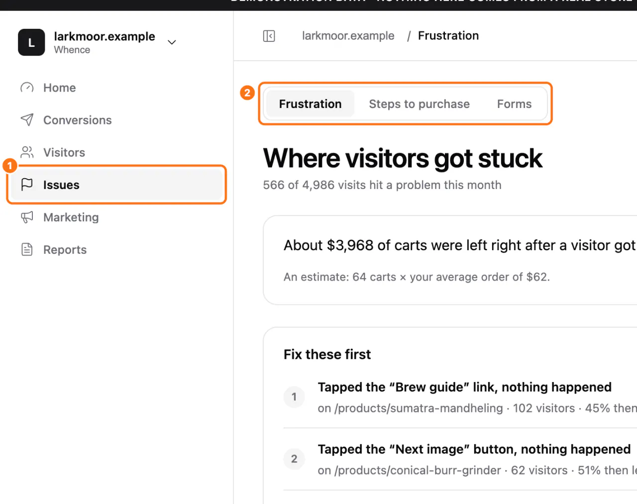 The Advanced menu: (1) an entry, (2) the grouped tabs
