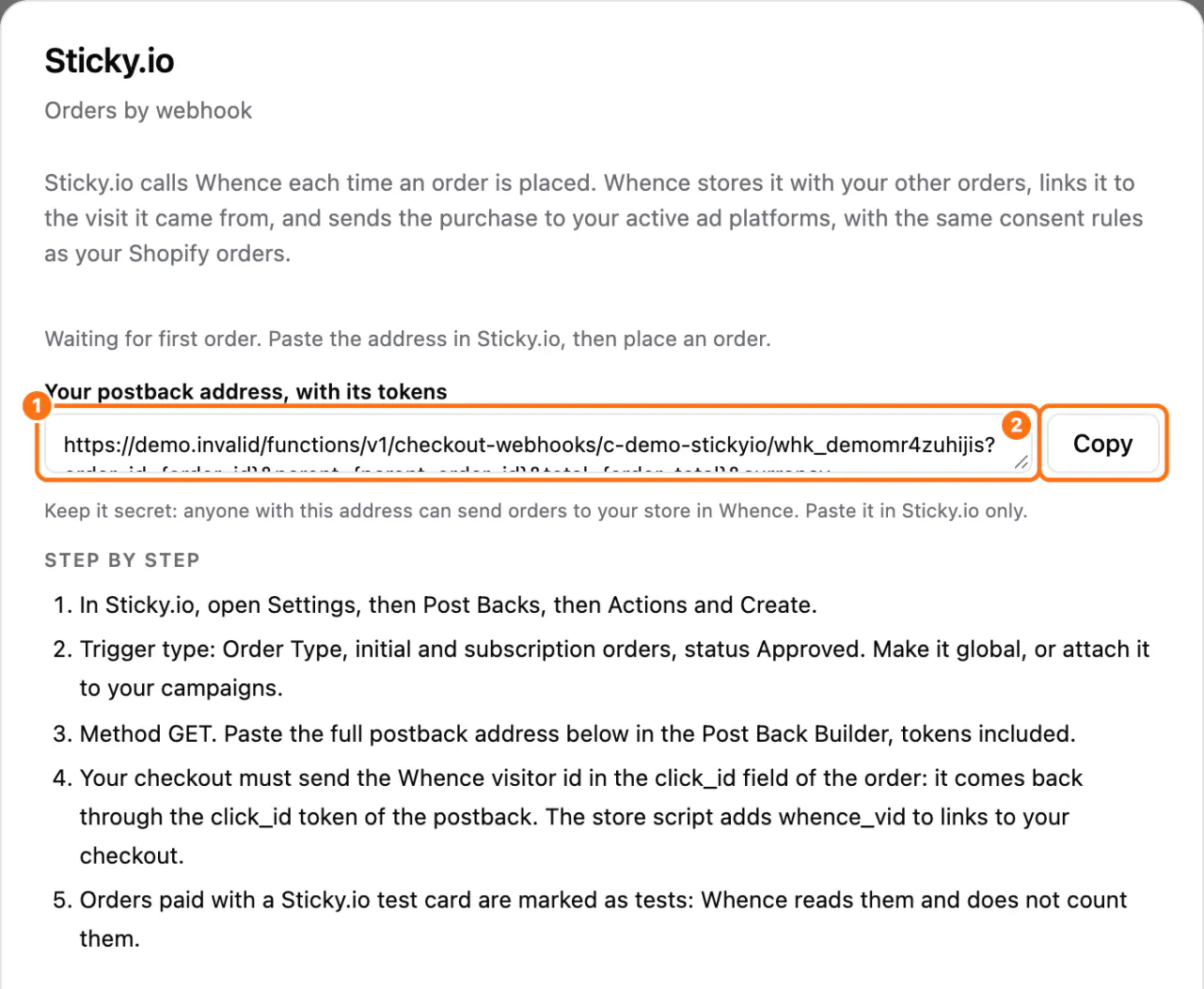 The Sticky.io window: (1) Your postback address, with its tokens, (2) Copy