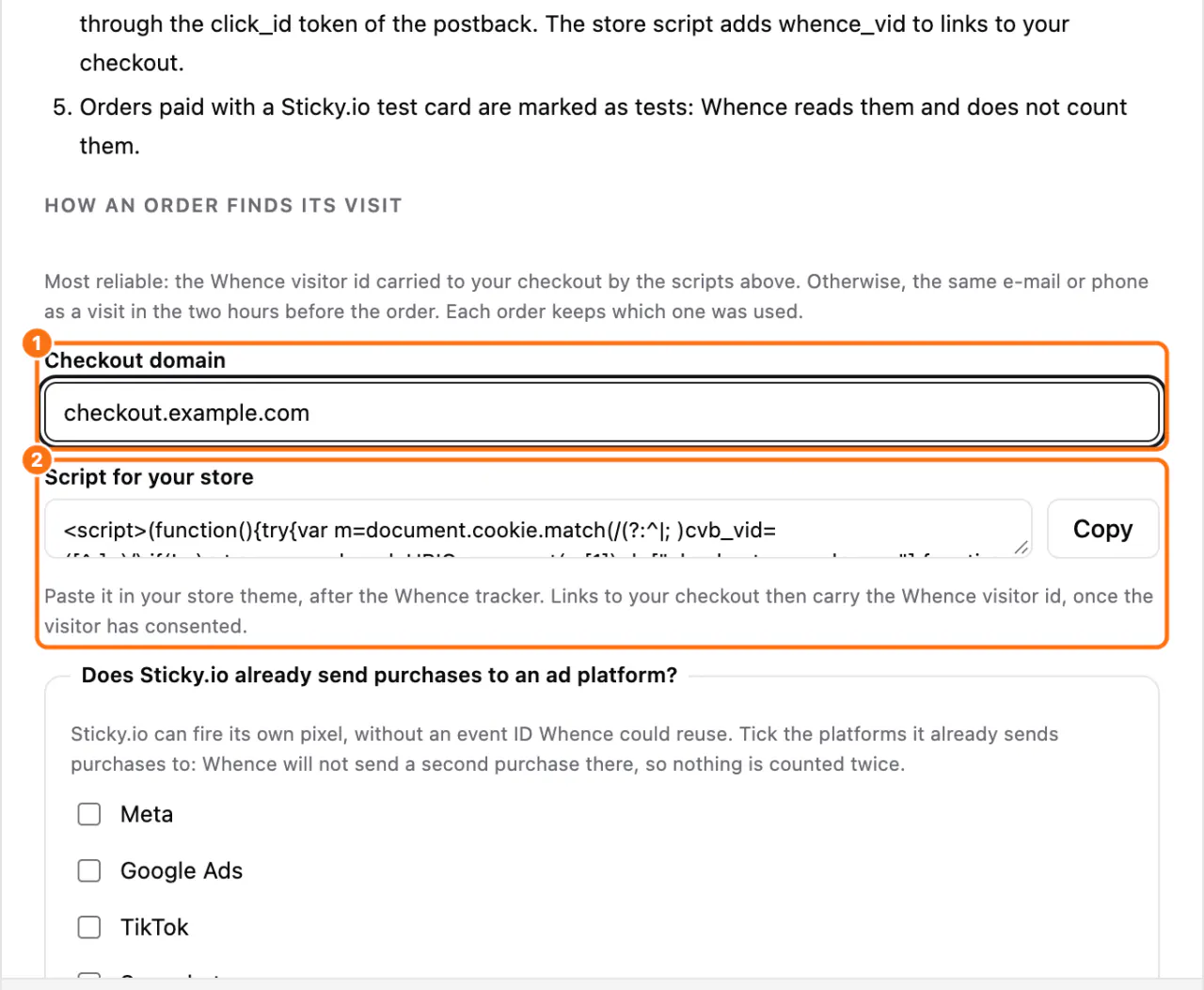 The Sticky.io window: (1) Checkout domain, (2) Script for your store