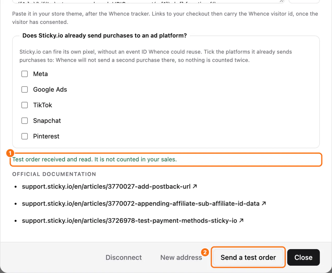The Sticky.io window: (1) the answer to the test, (2) Send a test order