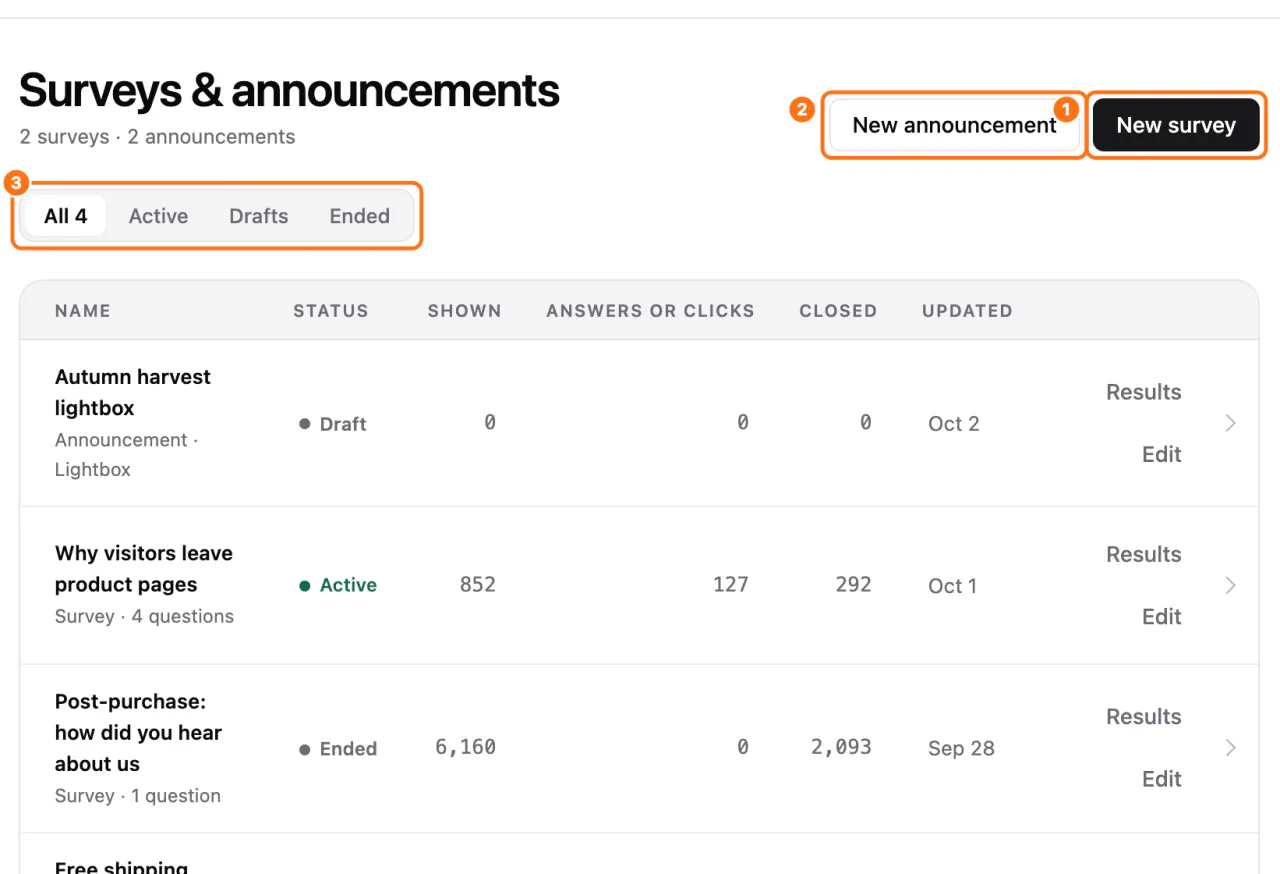 The Communicate screen: (1) New survey, (2) New announcement, (3) the Active filter