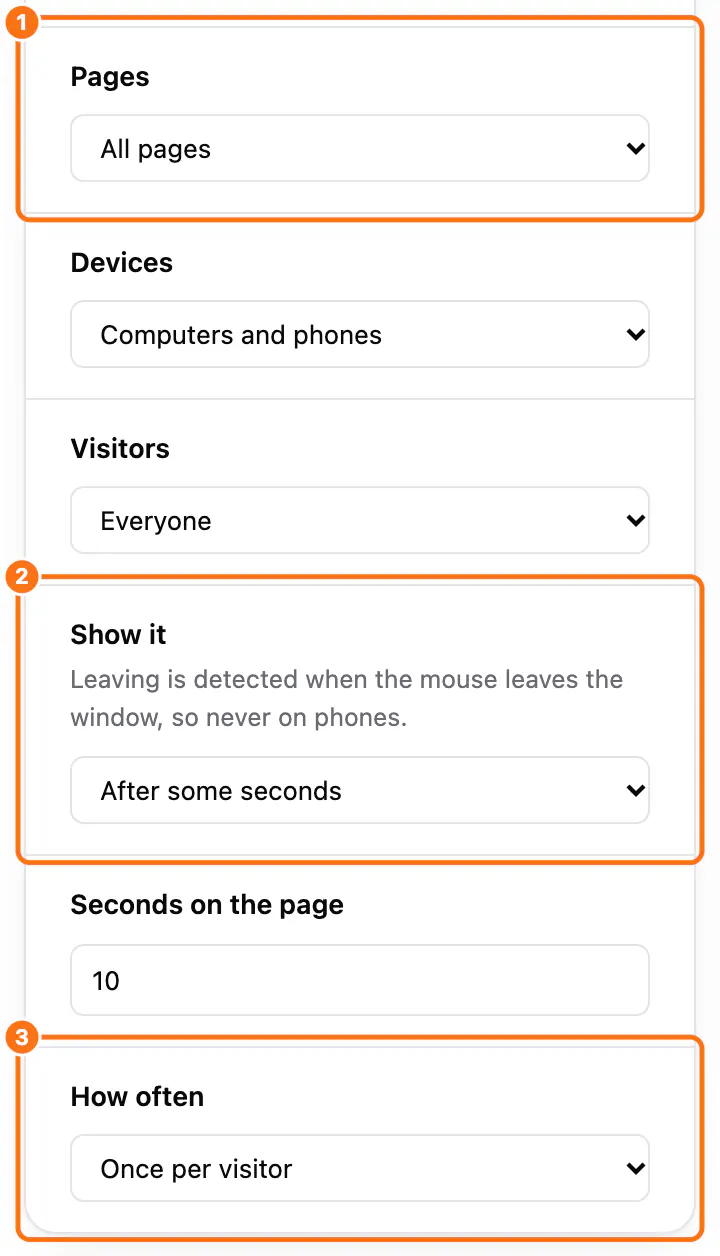 Where and when: (1) Pages, (2) Show it, (3) How often