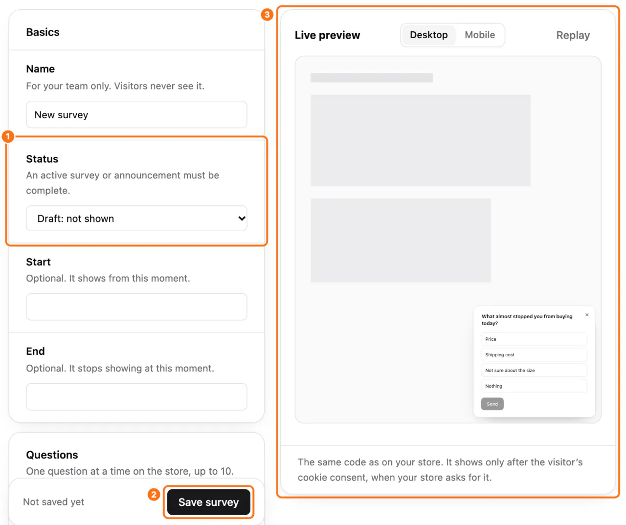 Saving: (1) Status, (2) Save survey, (3) the preview