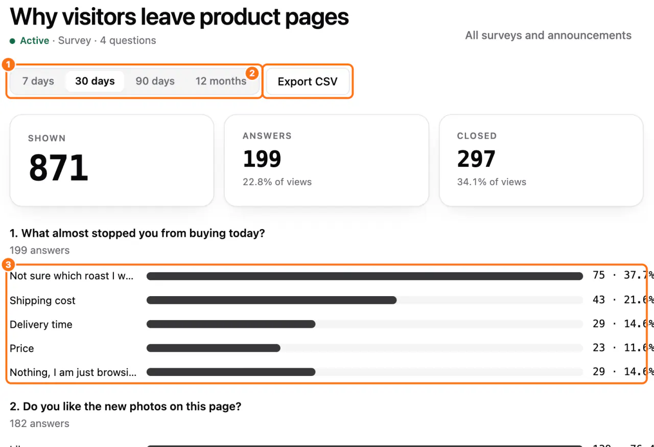 The results: (1) the 30 days period, (2) Export CSV, (3) the first question