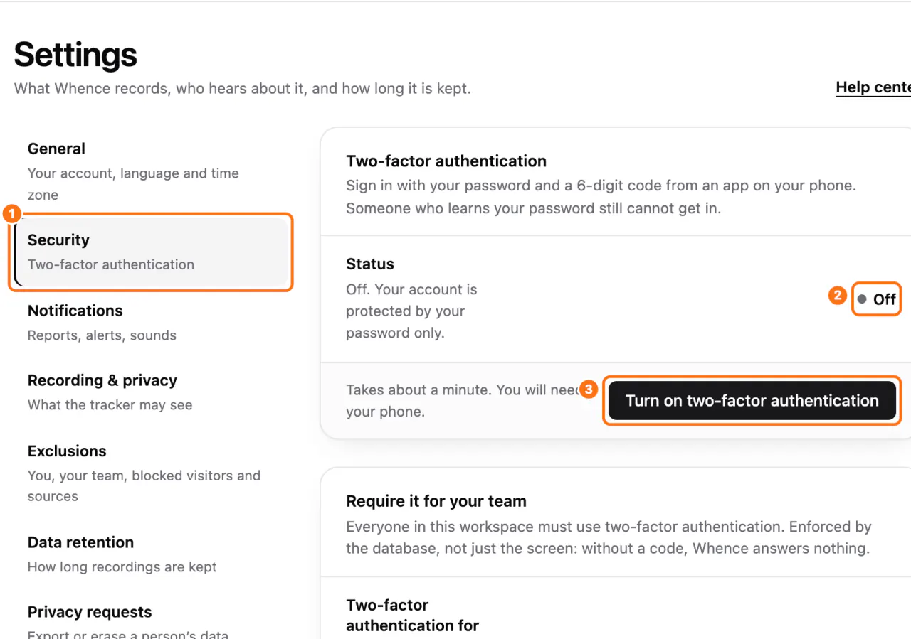 Settings, Security: (1) the Security section, (2) the status Off, (3) the Turn on two-factor authentication button